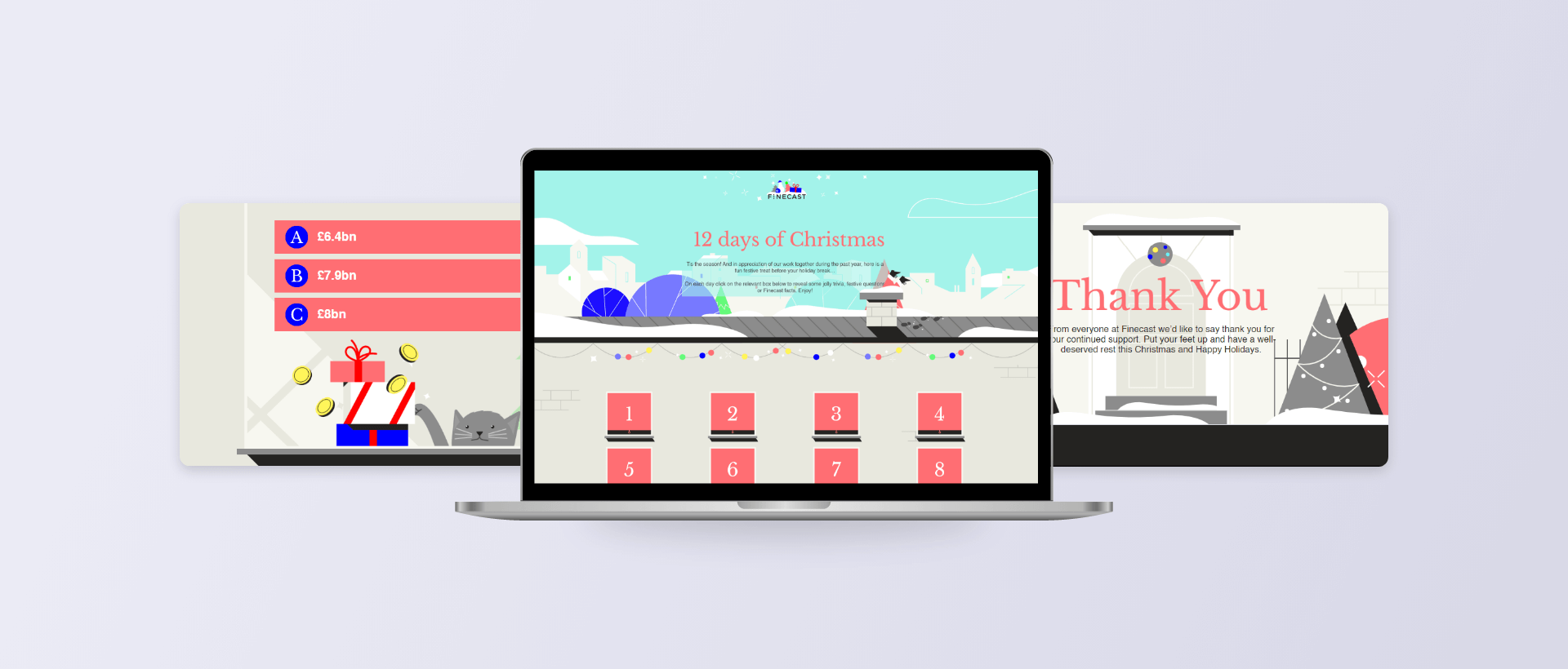 Finecast 12 Days of Christmas website shown on a laptop computer