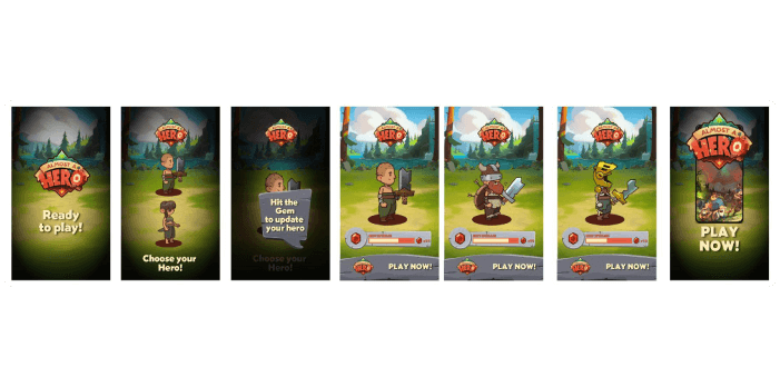 Storyboard of a mobile playable ad showing the transition of the animation and actions required to complete the mini-game.